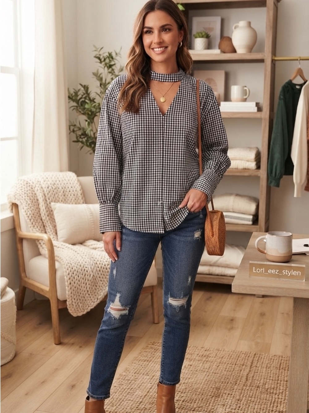 Zara Black & White Gingham High-Neck Blouse